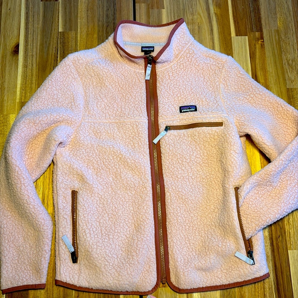 Pretty pink Retro Pile fleece jacket with reflective ribbon pulls - worn 2 times